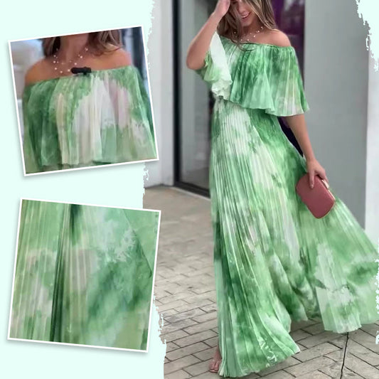 🔥👗Damska plisowana sukienka z odkrytymi ramionami i nadrukiem