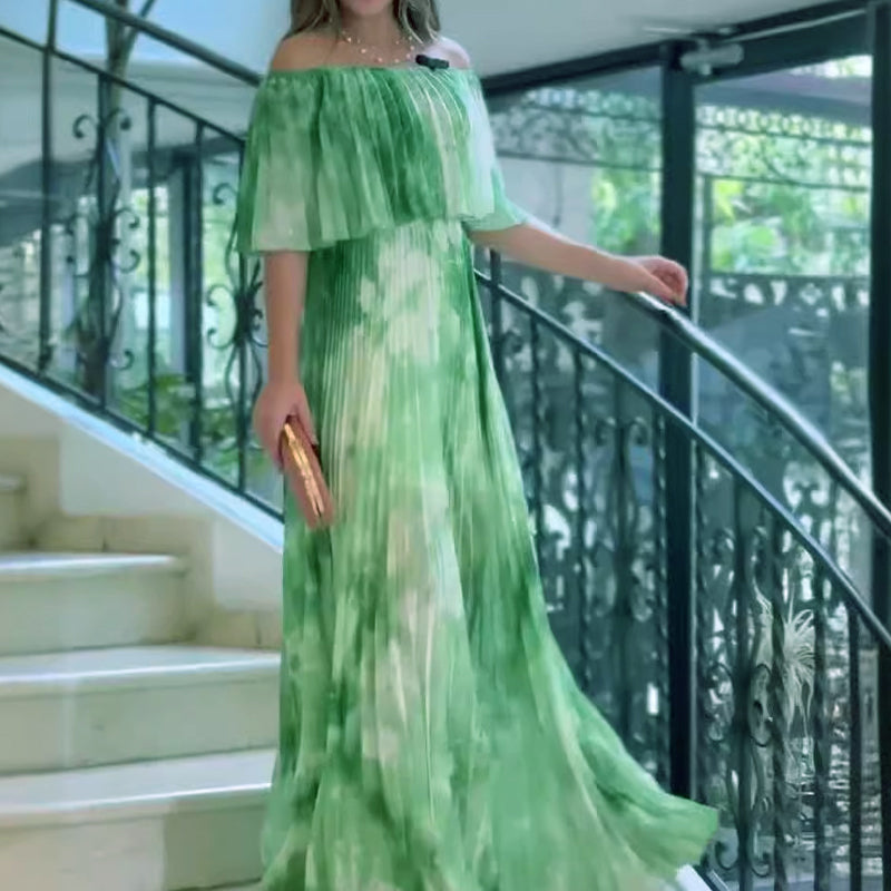 🔥👗Damska plisowana sukienka z odkrytymi ramionami i nadrukiem