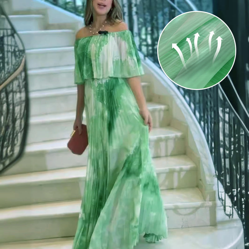 🔥👗Damska plisowana sukienka z odkrytymi ramionami i nadrukiem