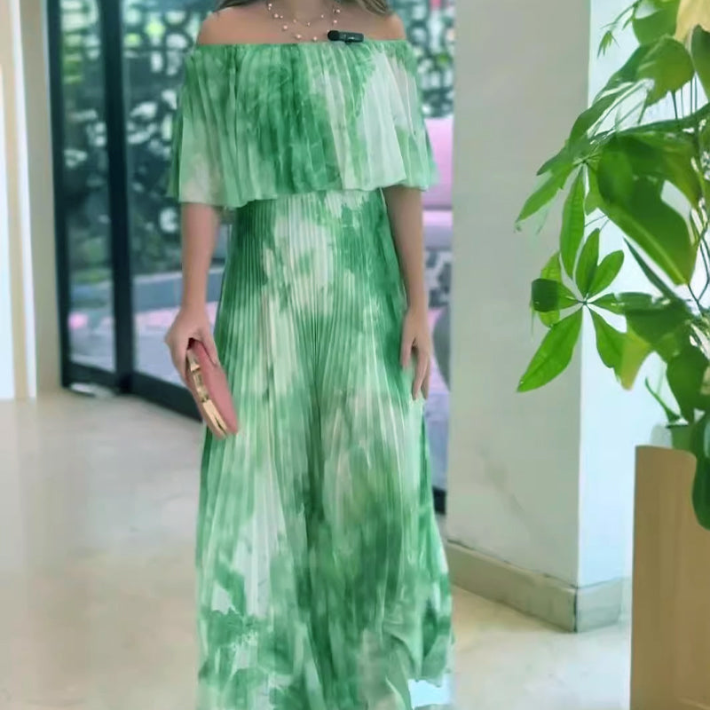 🔥👗Damska plisowana sukienka z odkrytymi ramionami i nadrukiem