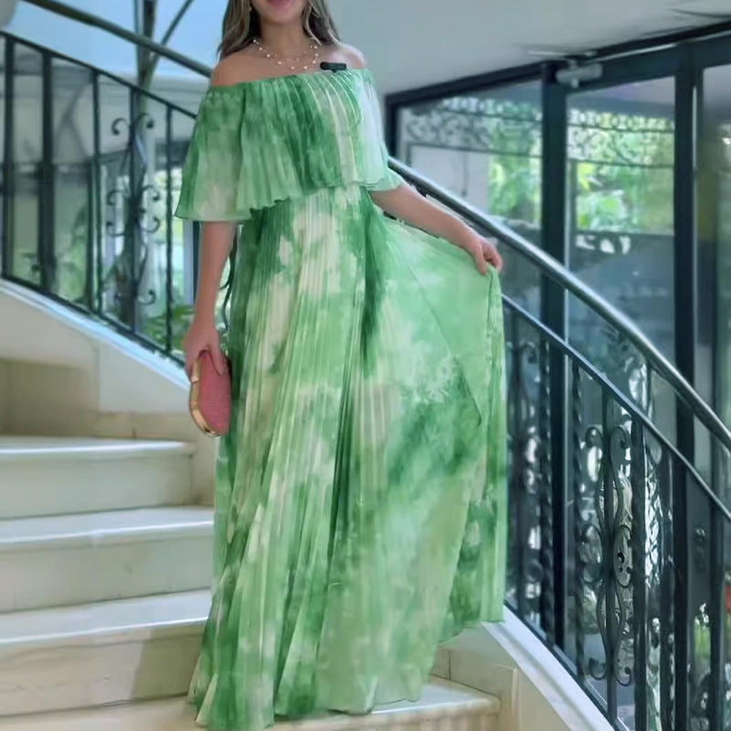 🔥👗Damska plisowana sukienka z odkrytymi ramionami i nadrukiem