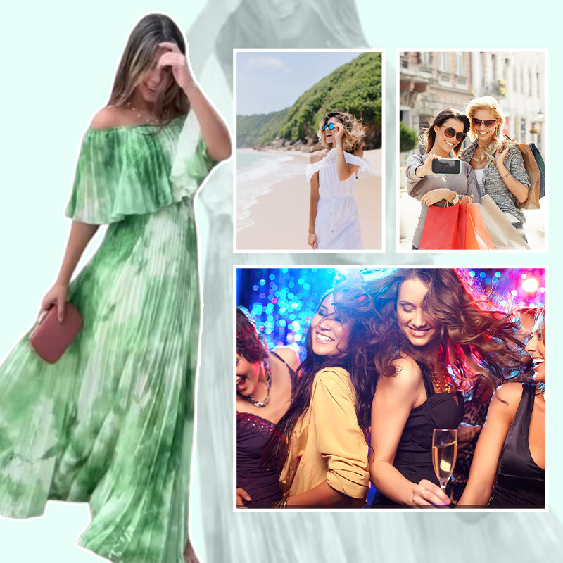 🔥👗Damska plisowana sukienka z odkrytymi ramionami i nadrukiem
