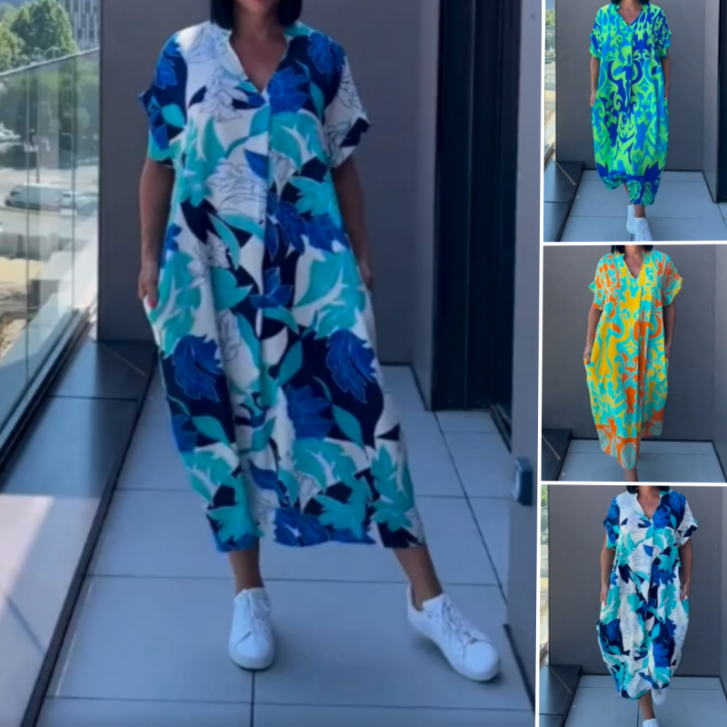 🔥👗Elegancka sukienka damska z nadrukiem i dekoltem w serek