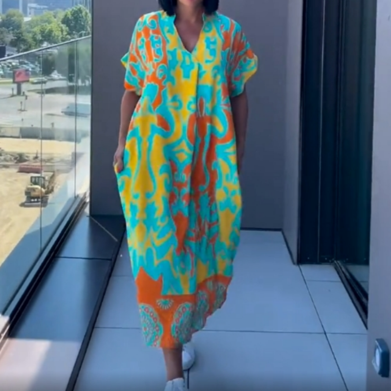 🔥👗Elegancka sukienka damska z nadrukiem i dekoltem w serek