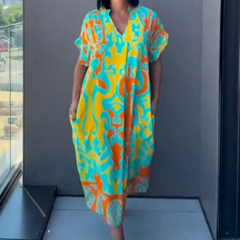 🔥👗Elegancka sukienka damska z nadrukiem i dekoltem w serek