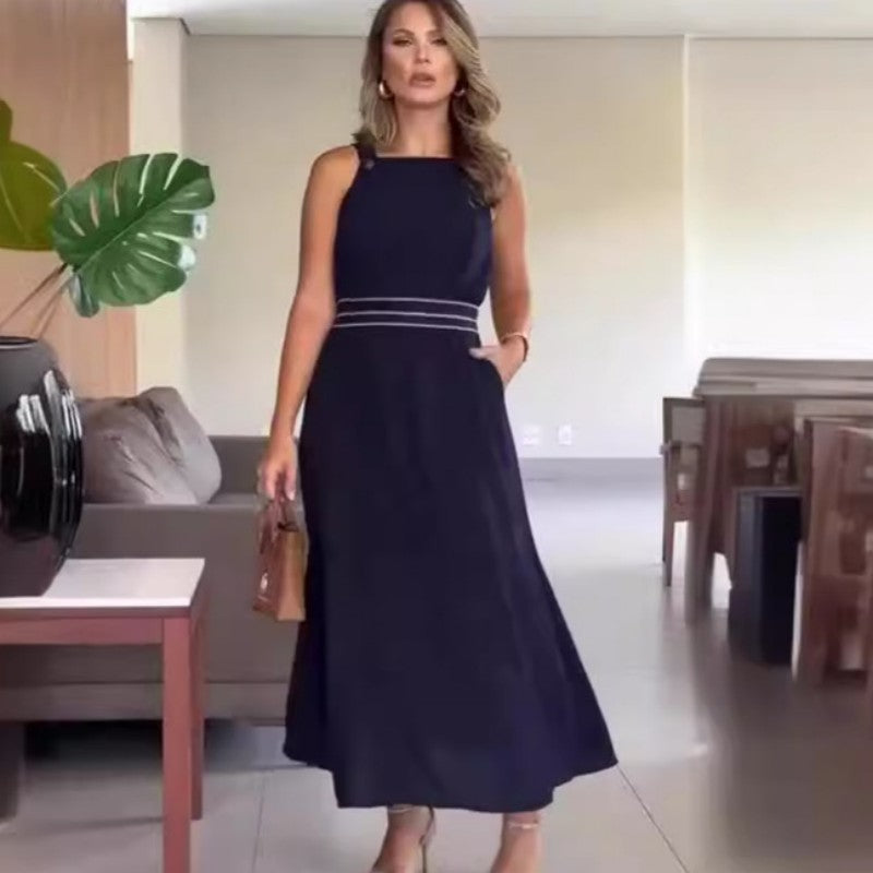 🔥👗Elegancka damska granatowa długa sukienka z wysokim stanem