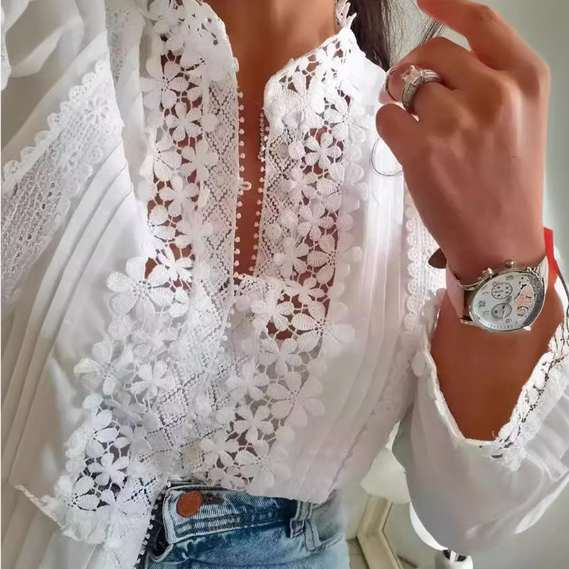 🔥👔Biały koronkowy top damski z kwiatowym wzorem patchworkowym
