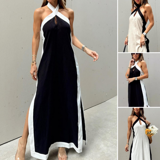 🔥👗 Damska sukienka maxi bez dekoltu z rozcięciem na plecach