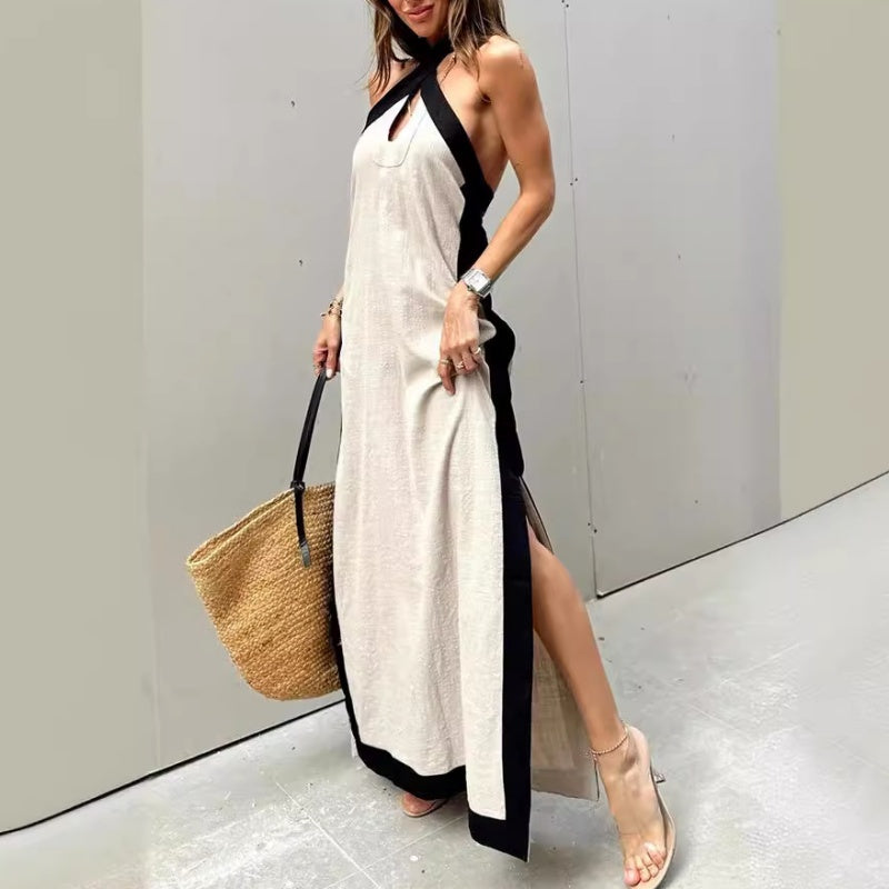 🔥👗 Damska sukienka maxi bez dekoltu z rozcięciem na plecach