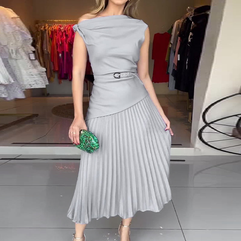 🔥👗Damska plisowana sukienka z odkrytymi ramionami i paskiem
