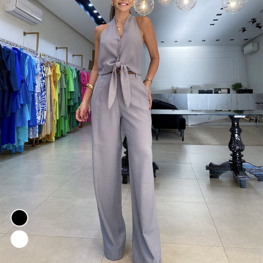 🔥👚👖Dwuczęściowy damski komplet składający się z topu bez rękawów i szerokich spodni z wysokim stanem