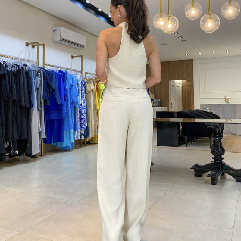 🔥👚👖Dwuczęściowy damski komplet składający się z topu bez rękawów i szerokich spodni z wysokim stanem