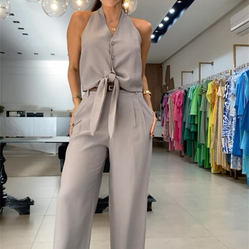 🔥👚👖Dwuczęściowy damski komplet składający się z topu bez rękawów i szerokich spodni z wysokim stanem