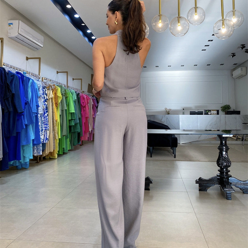 🔥👚👖Dwuczęściowy damski komplet składający się z topu bez rękawów i szerokich spodni z wysokim stanem