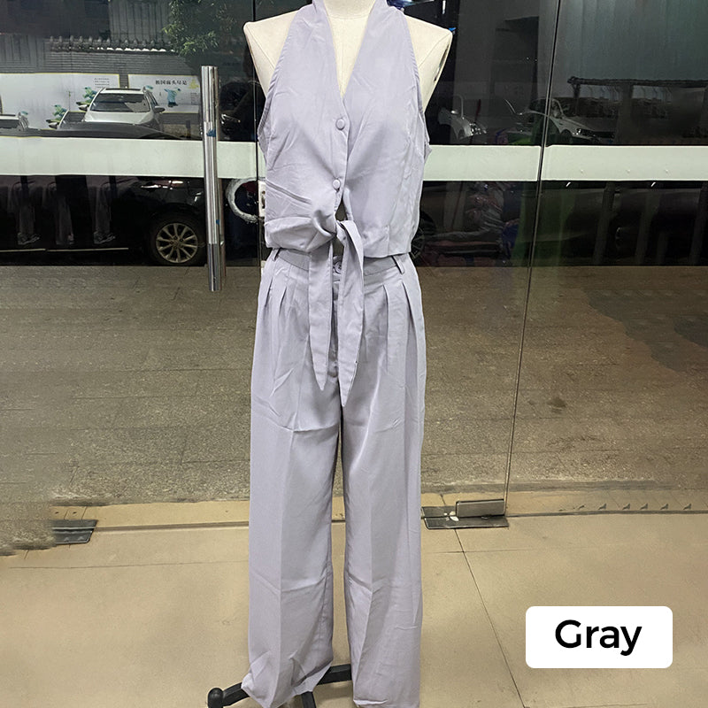 🔥👚👖Dwuczęściowy damski komplet składający się z topu bez rękawów i szerokich spodni z wysokim stanem