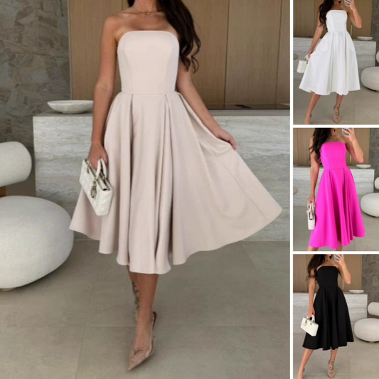 🔥👗Elegancka, jednokolorowa, bez ramiączek, sukienka midi