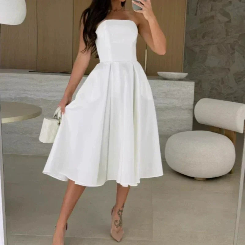 🔥👗Elegancka, jednokolorowa, bez ramiączek, sukienka midi