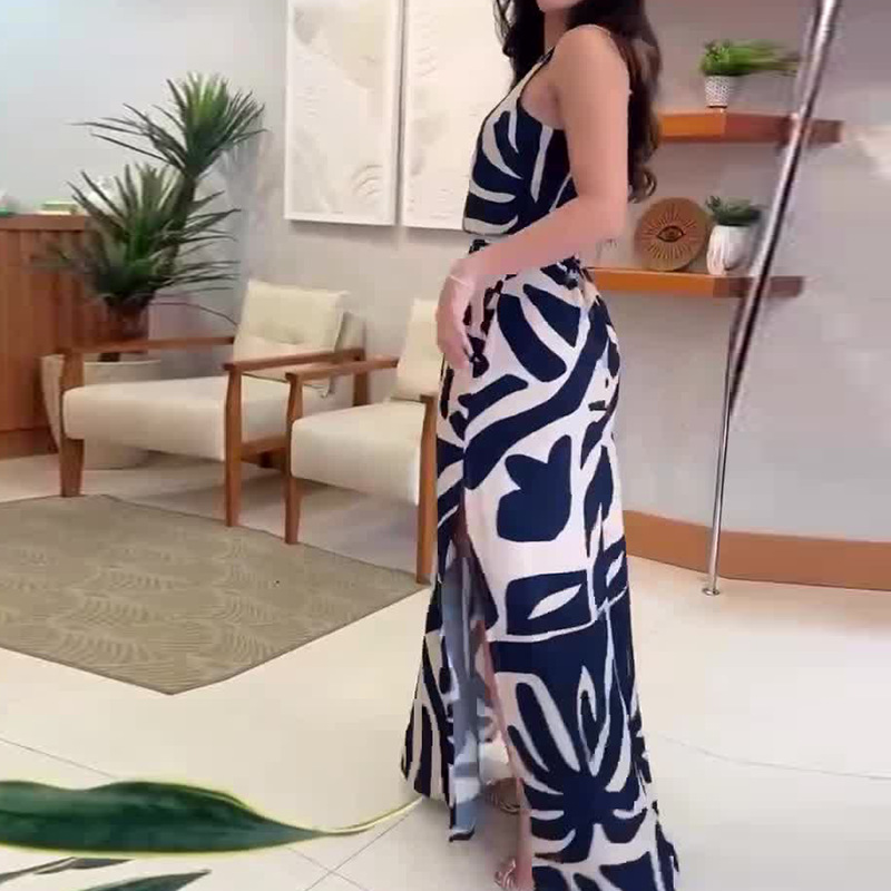 🔥👗Elegancka sukienka bez rękawów z nadrukiem i rozcięciem po boku