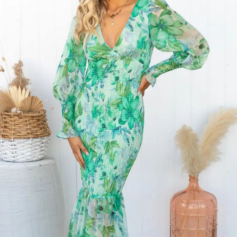 🔥👗Eleganckie sukienki damskie z długim rękawem i dekoltem w serek, z nadrukiem i falbankami