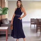 🔥👗Elegancka damska granatowa długa sukienka z wysokim stanem