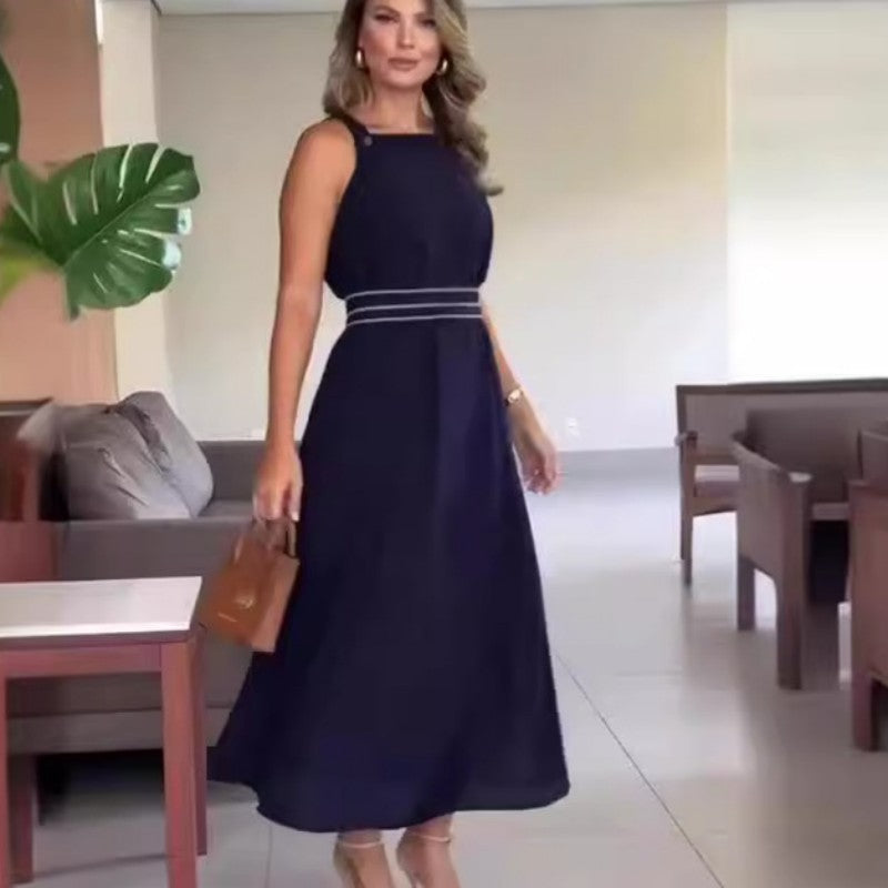 🔥👗Elegancka damska granatowa długa sukienka z wysokim stanem
