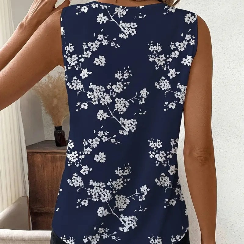 🔥👚Damska bluzka bez rękawów z dekoltem w serek i nadrukiem kwiatowym