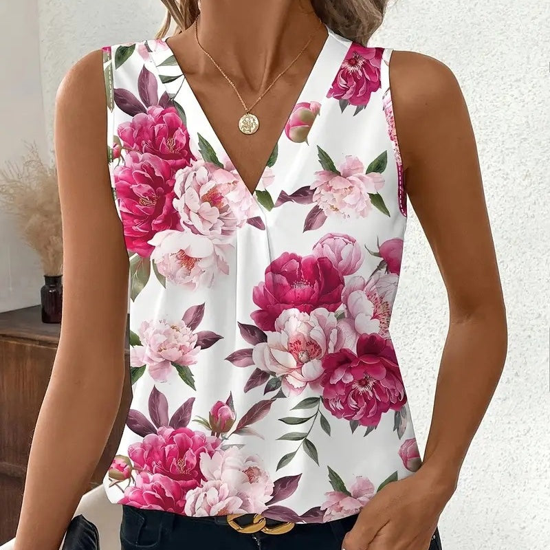 🔥👚Damska bluzka bez rękawów z dekoltem w serek i nadrukiem kwiatowym
