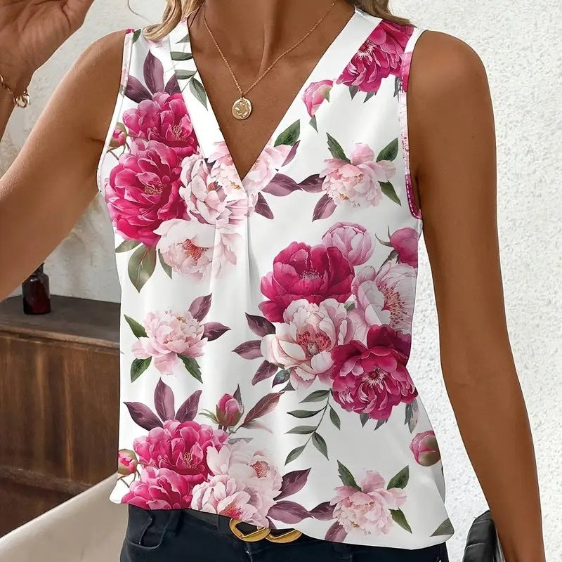 🔥👚Damska bluzka bez rękawów z dekoltem w serek i nadrukiem kwiatowym