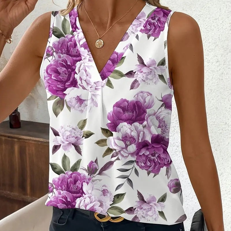 🔥👚Damska bluzka bez rękawów z dekoltem w serek i nadrukiem kwiatowym