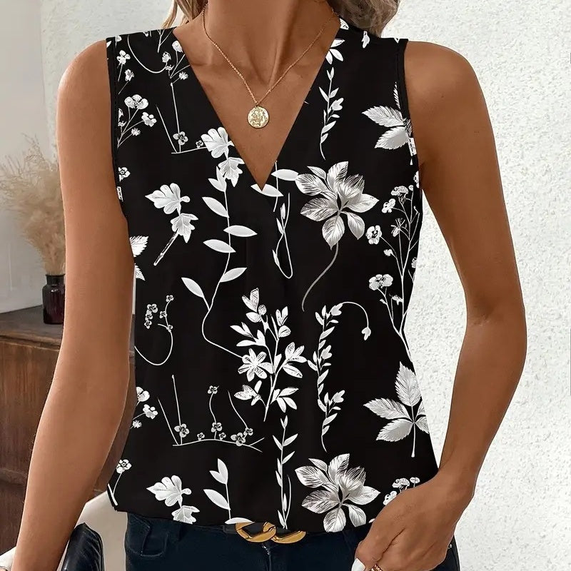 🔥👚Damska bluzka bez rękawów z dekoltem w serek i nadrukiem kwiatowym