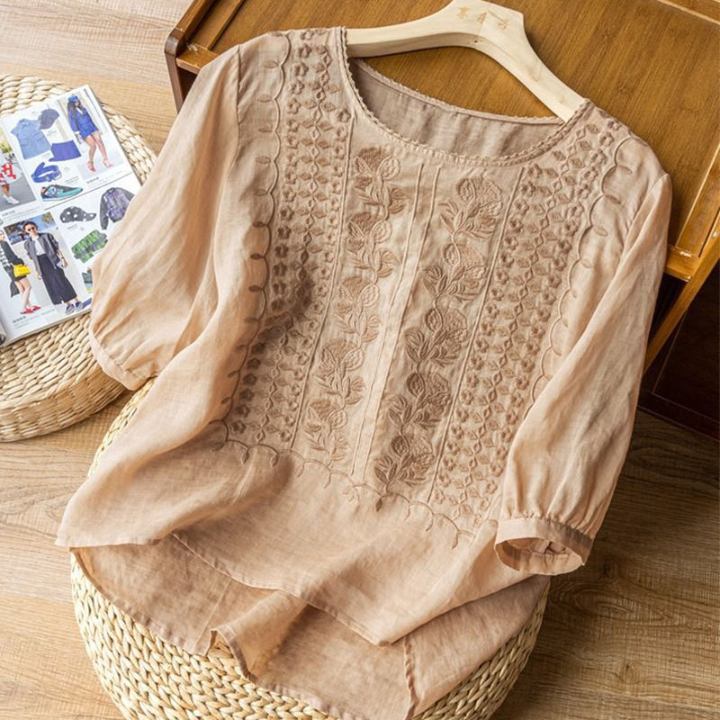 🔥👚Damska cienka, haftowana, oddychająca, bawełniana, lniana koszula z krótkim rękawem i okrągłym dekoltem