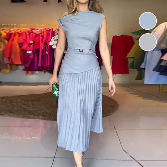 🔥👗Damska plisowana sukienka z odkrytymi ramionami i paskiem