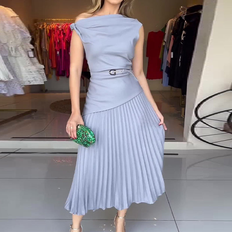 🔥👗Damska plisowana sukienka z odkrytymi ramionami i paskiem
