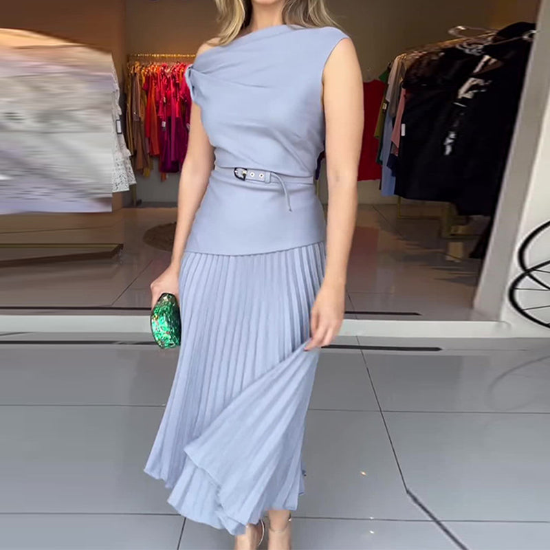 🔥👗Damska plisowana sukienka z odkrytymi ramionami i paskiem