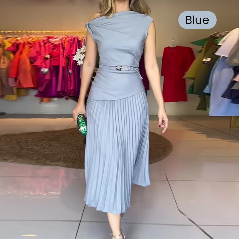 🔥👗Damska plisowana sukienka z odkrytymi ramionami i paskiem