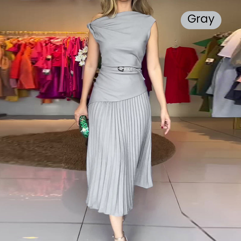🔥👗Damska plisowana sukienka z odkrytymi ramionami i paskiem
