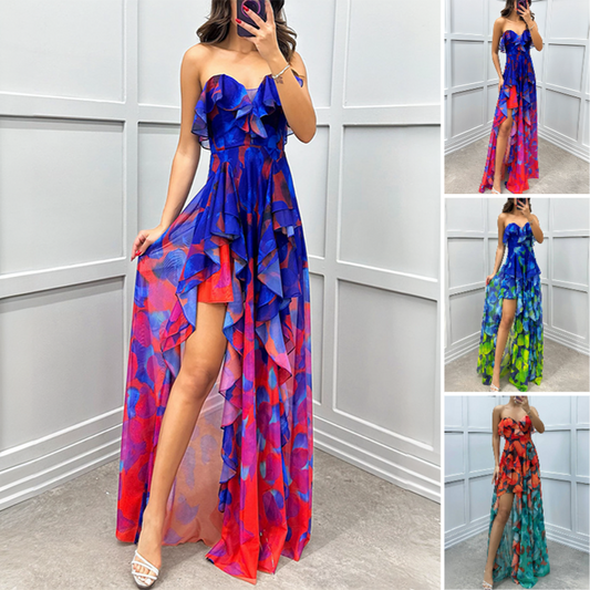 🔥👗Modne damskie sukienki z siateczki z nadrukiem i rozcięciem