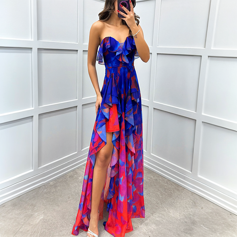 🔥👗Modne damskie sukienki z siateczki z nadrukiem i rozcięciem