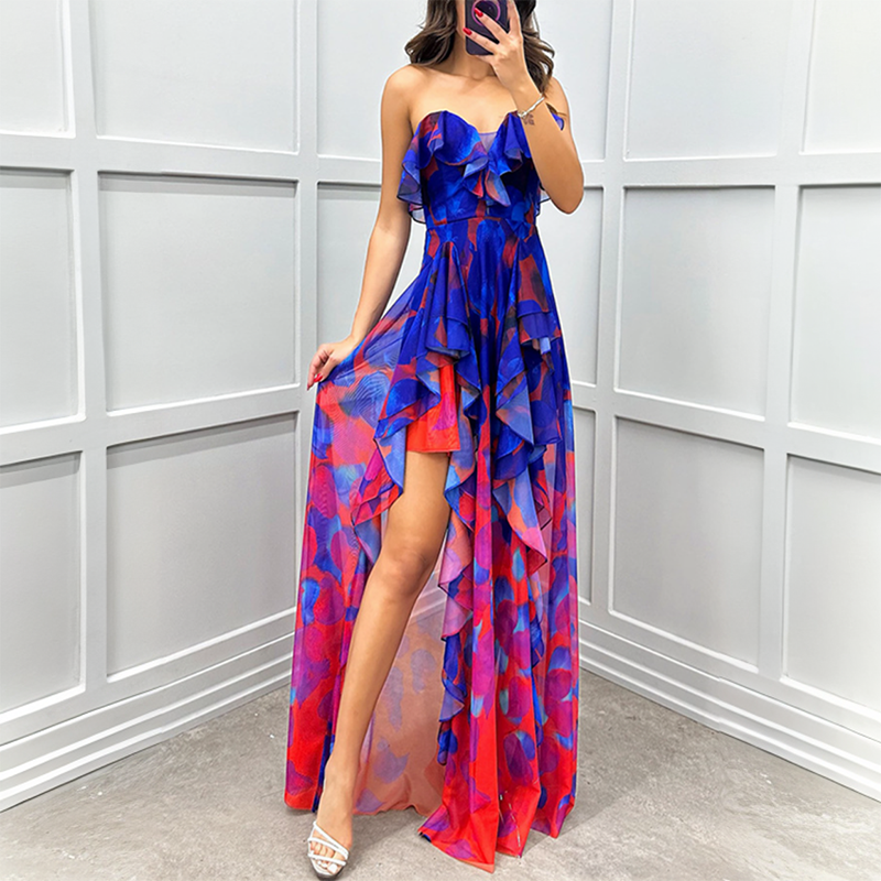 🔥👗Modne damskie sukienki z siateczki z nadrukiem i rozcięciem