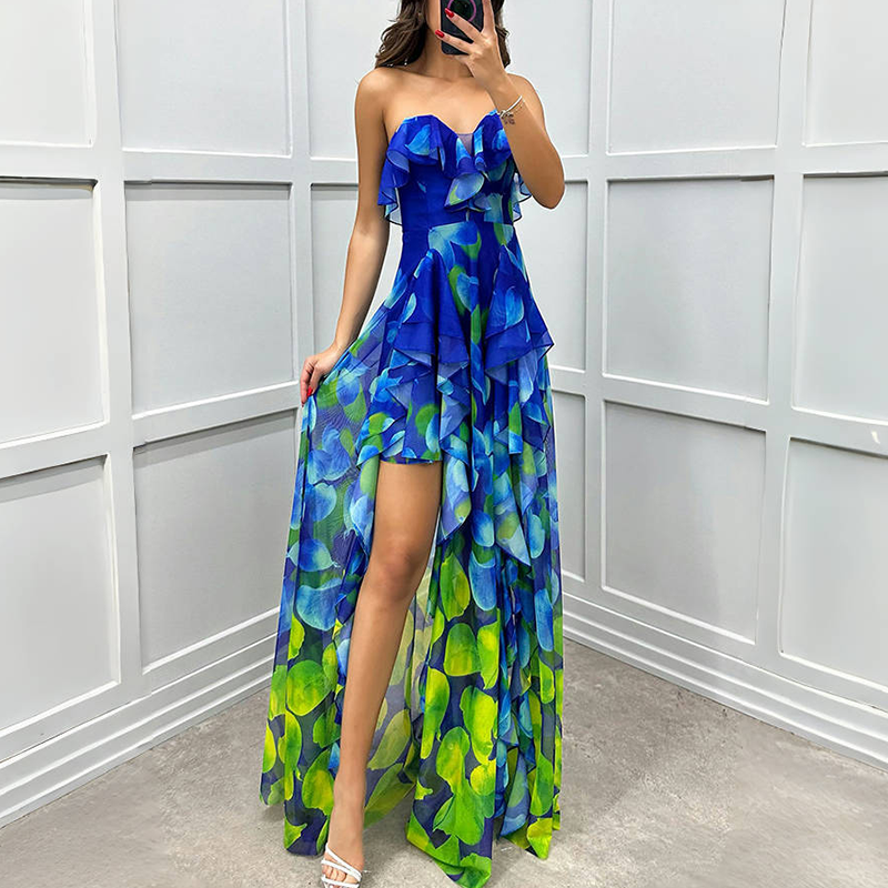 🔥👗Modne damskie sukienki z siateczki z nadrukiem i rozcięciem