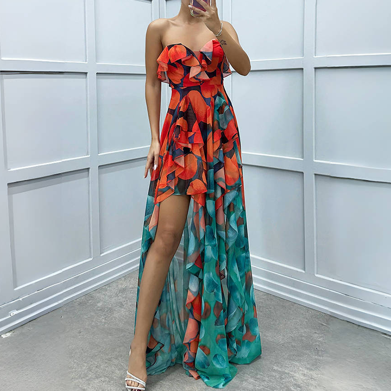 🔥👗Modne damskie sukienki z siateczki z nadrukiem i rozcięciem