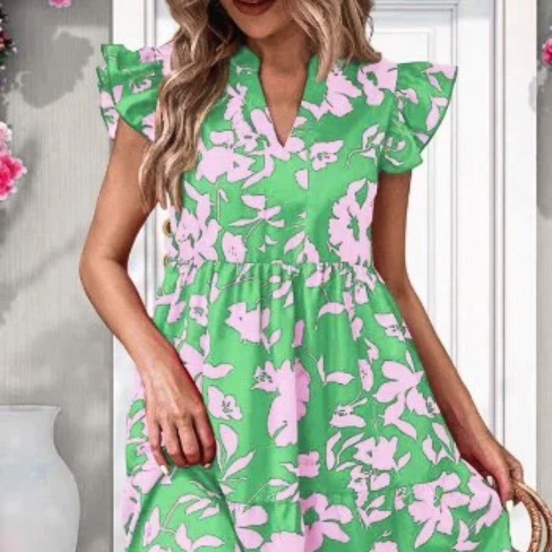 🔥👗Sukienka z falbaniastymi rękawami i dekoltem w serek