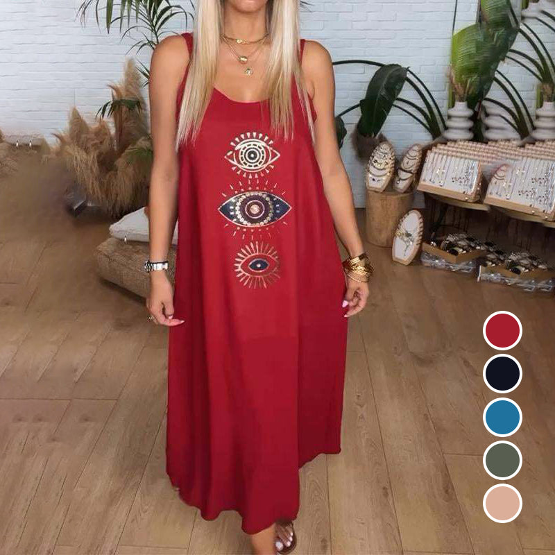 🔥👗Damska długa sukienka bez rękawów z wzorem w oczy
