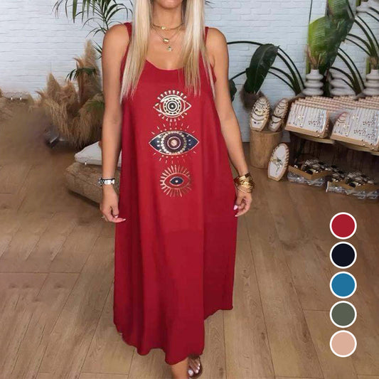 🔥👗Damska długa sukienka bez rękawów z wzorem w oczy