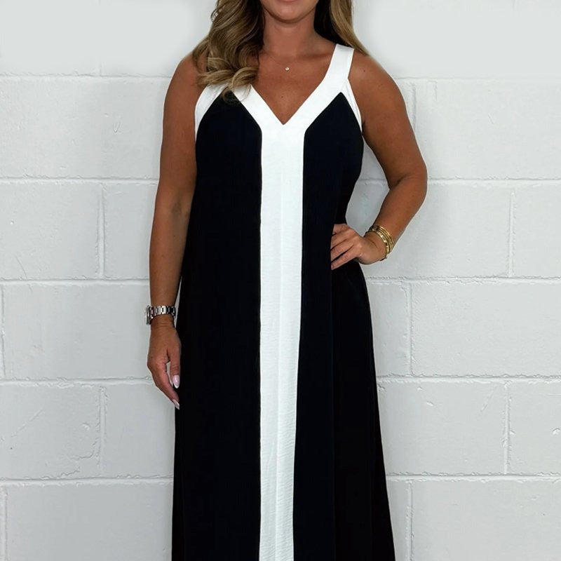 🔥👗Damska sukienka maxi z dekoltem w serek i bez rękawów w blokach kolorów
