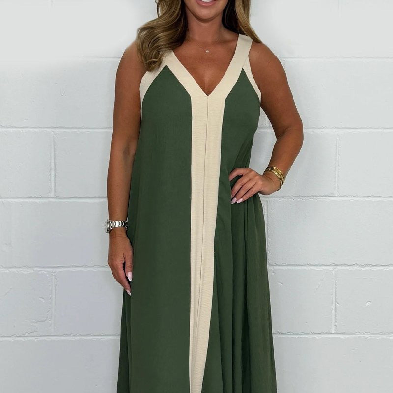 🔥👗Damska sukienka maxi z dekoltem w serek i bez rękawów w blokach kolorów