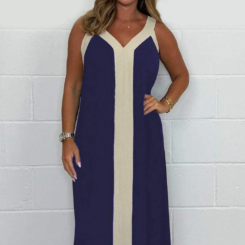 🔥👗Damska sukienka maxi z dekoltem w serek i bez rękawów w blokach kolorów