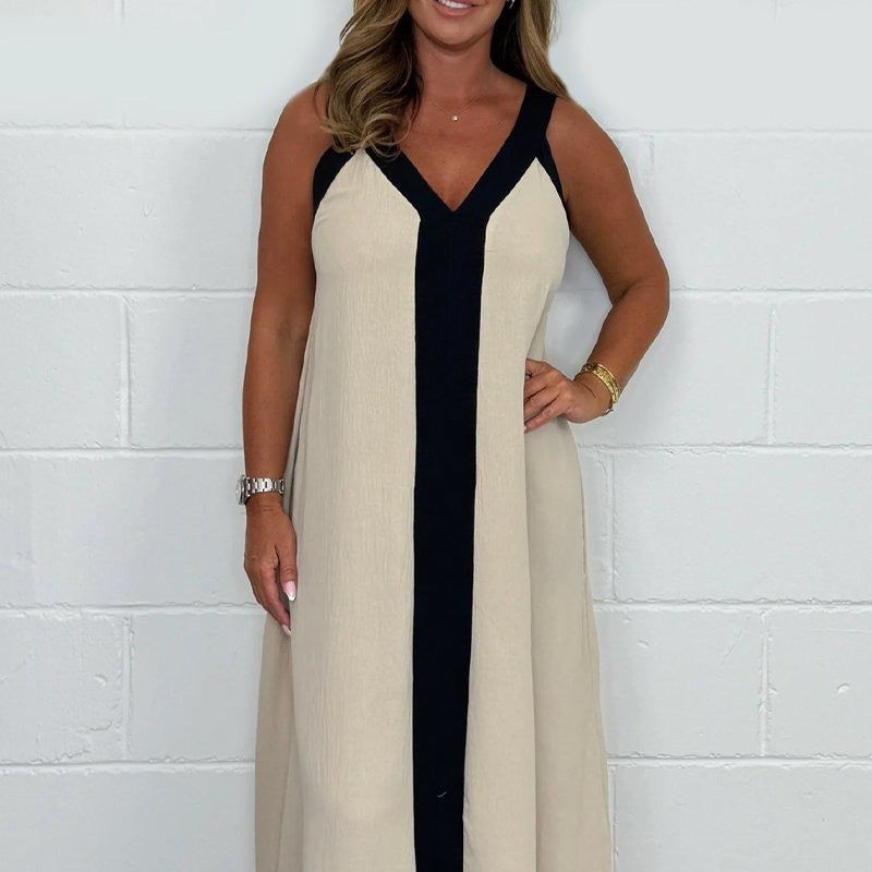 🔥👗Damska sukienka maxi z dekoltem w serek i bez rękawów w blokach kolorów