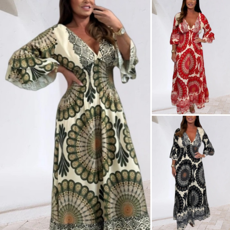 🔥👗Damska sukienka maxi w stylu retro boho z głębokim dekoltem w serek【Elastyczna talia, odpowiednia na każdą okazję】