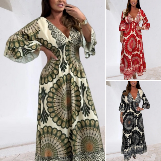 🔥👗Damska sukienka maxi w stylu retro boho z głębokim dekoltem w serek【Elastyczna talia, odpowiednia na każdą okazję】